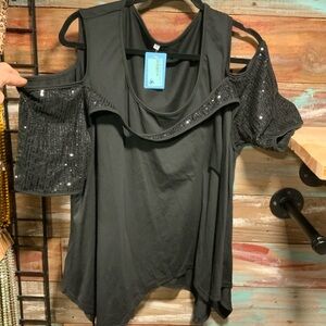 Black Cold-Shoulder Sequin Sleeve Top
